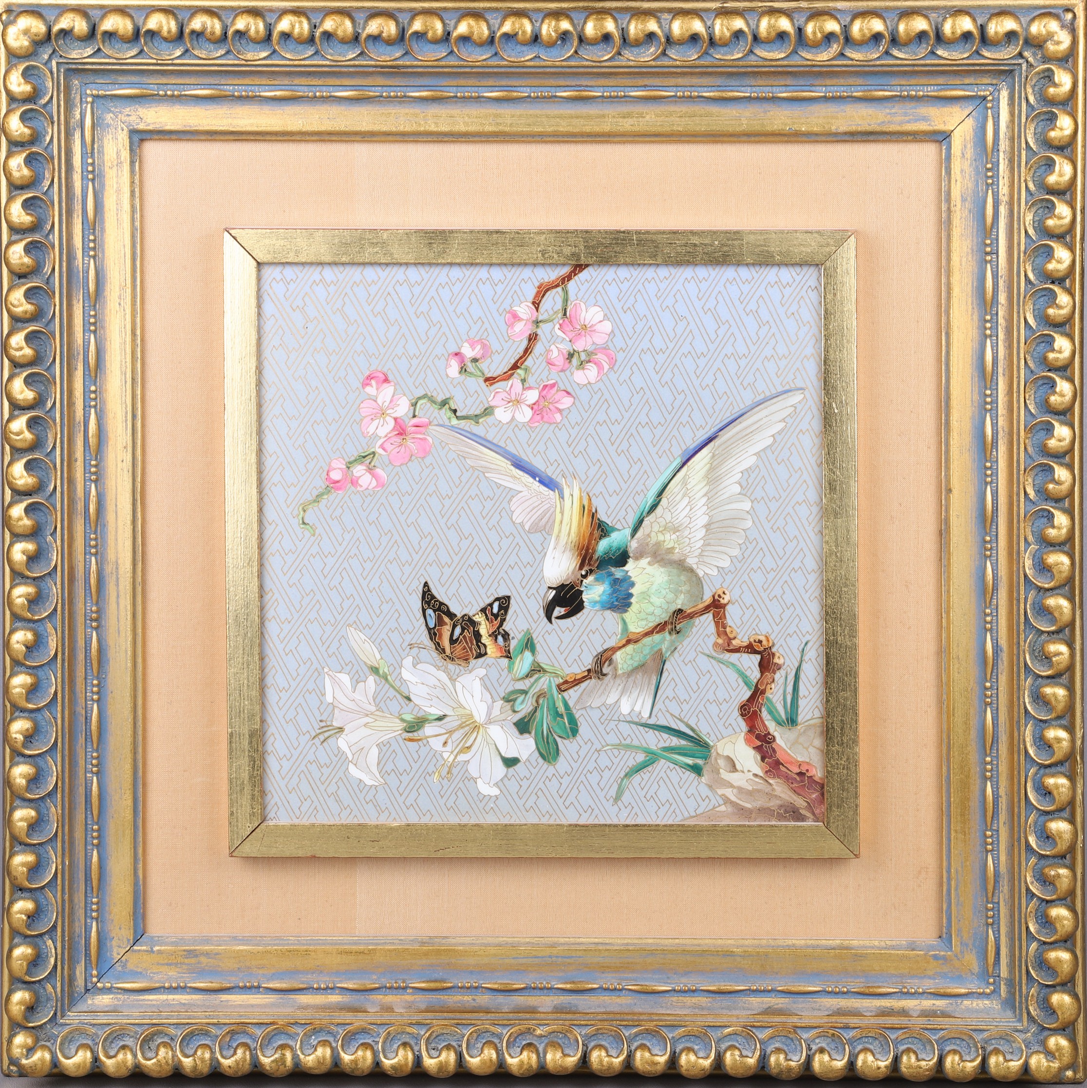 Framed paitned porcelain of bird
