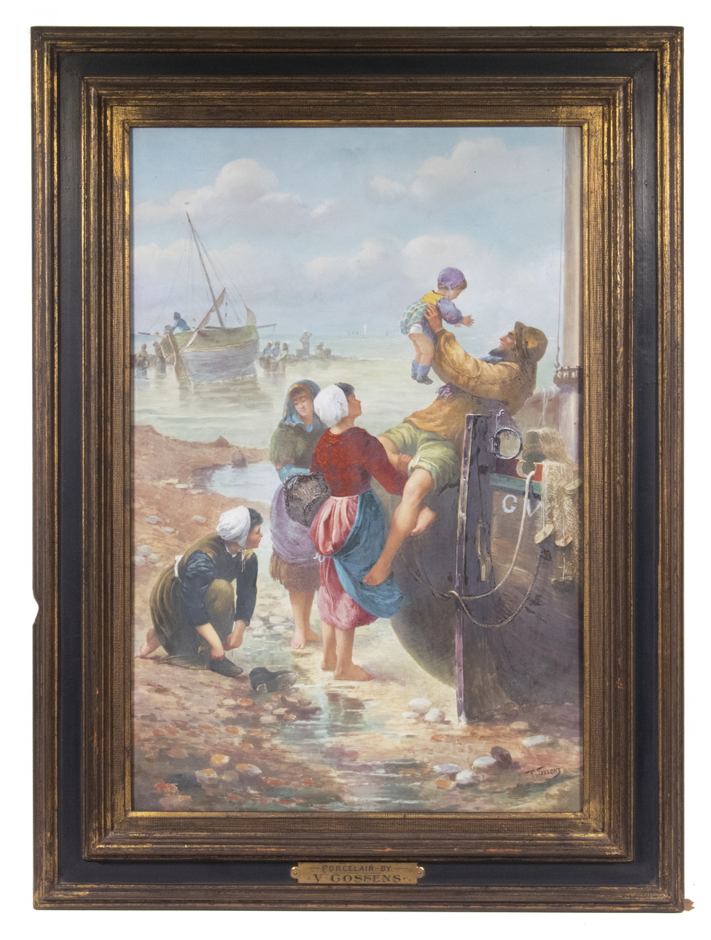 FRAMED PORCELAIN PLAQUE SIGNED V.