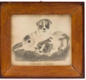 FRAMED SKETCH OF TWO PUPPIES,