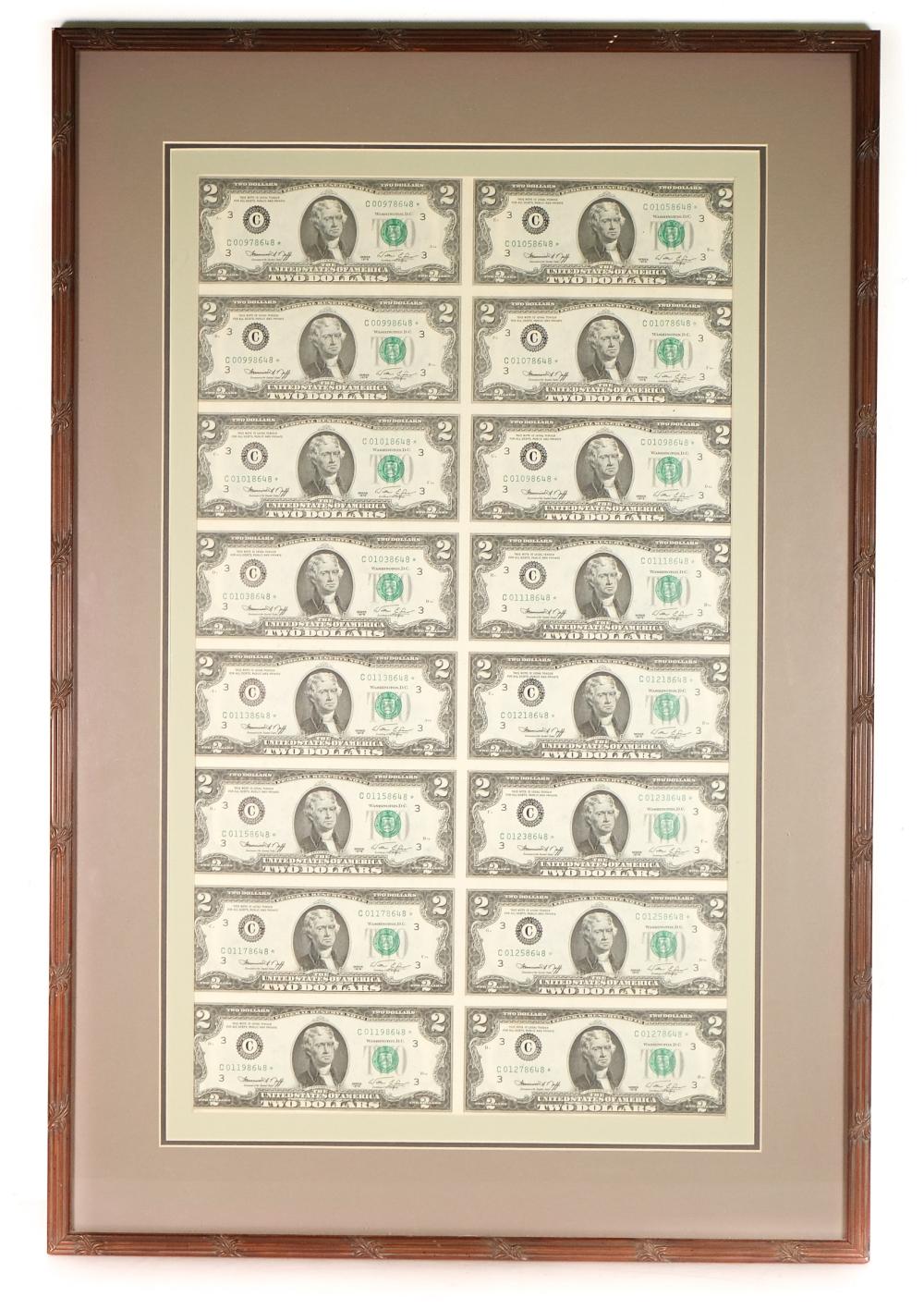 FRAMED USA 1976 $2 UNCUT SHEET OF