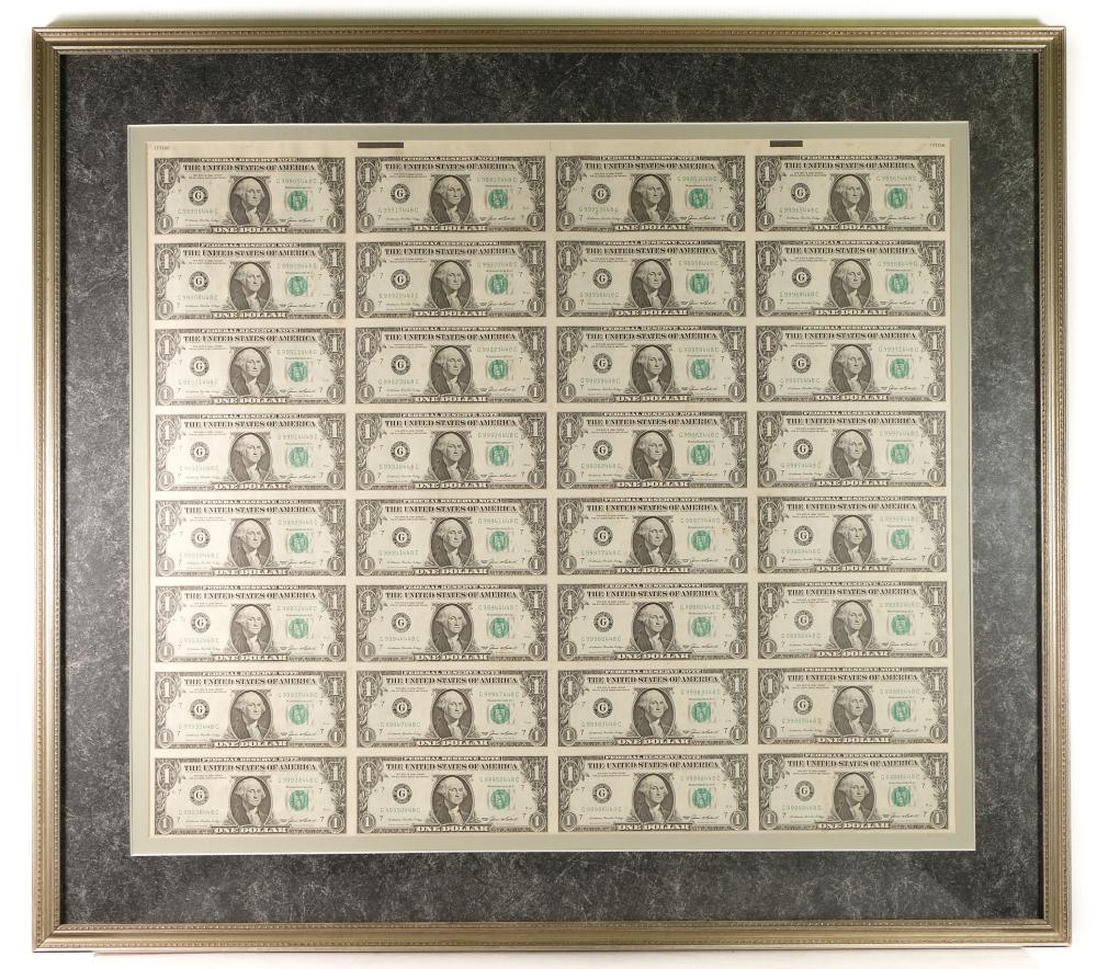 FRAMED USA 1985 $1 UNCUT SHEET OF