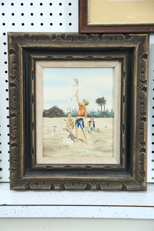 FRAMED WATERCOLOR. Beach scene of a