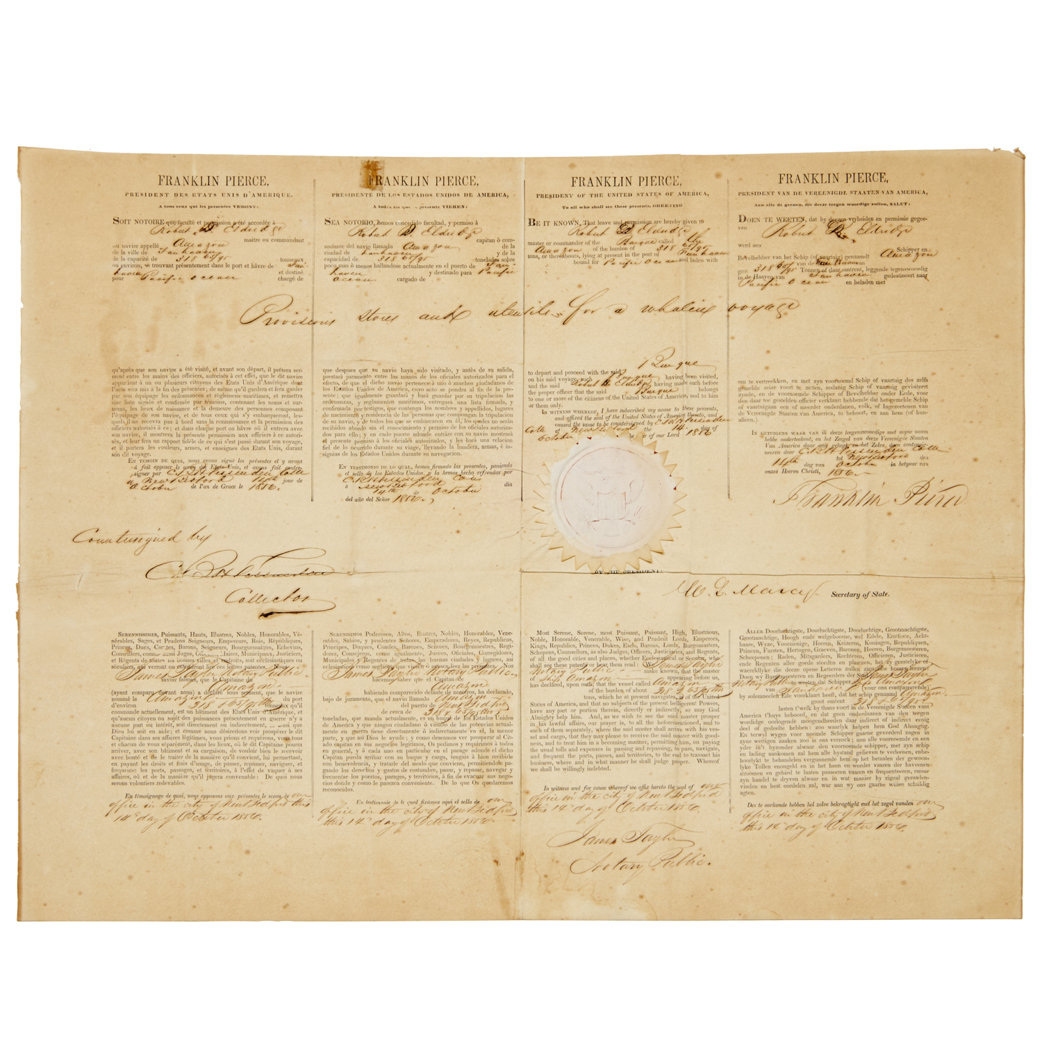 FRANKLIN PIERCE, DOCUMENT SIGNED AS