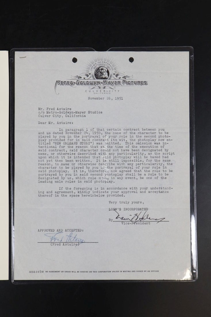 FRED ASTAIRE SIGNED AGREEMENT,