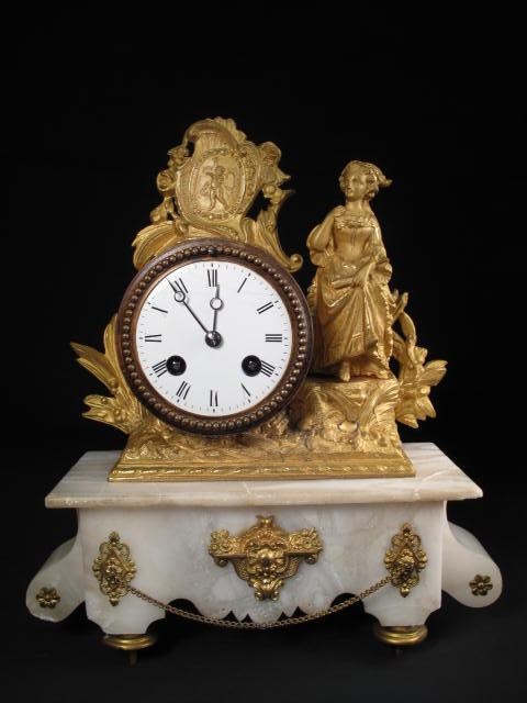 French alabaster mantle clock. Gilt