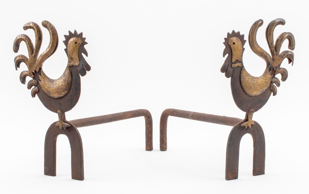 FRENCH ART DECO ROOSTER ANDIRONS,