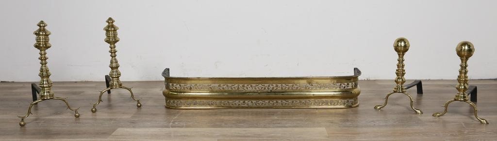 FRENCH BRASS ANDIRONS AND FIRE
