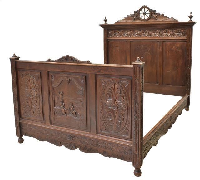 FRENCH BRETON CARVED OAK BED,