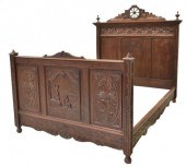 FRENCH BRETON CARVED OAK BED,