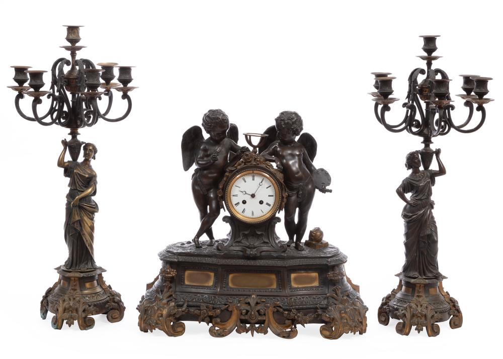 FRENCH BRONZE THREE-PIECE CLOCK