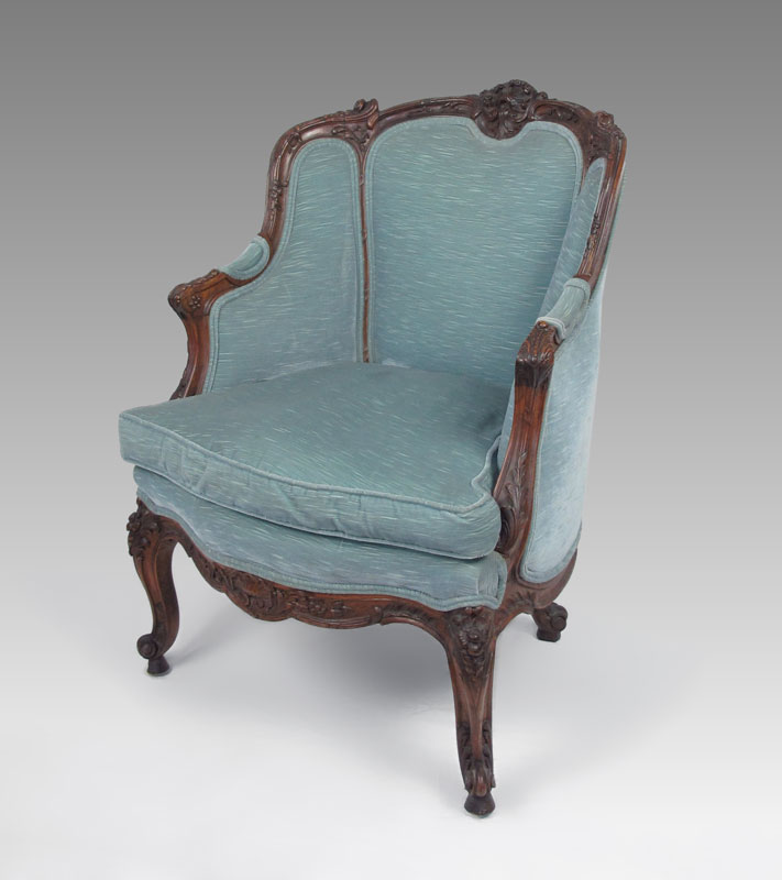 FRENCH CARVED BERGERE CHAIR: