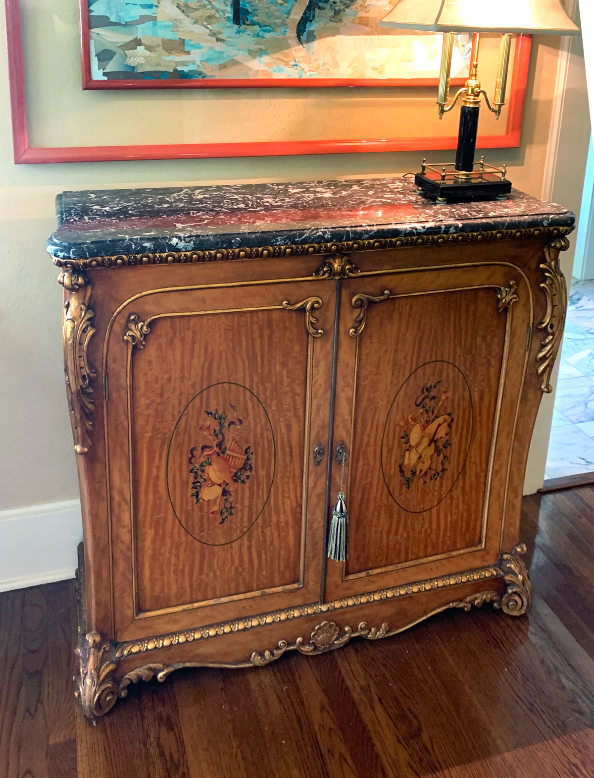 FRENCH CARVED MARBLE TOP CABINET: