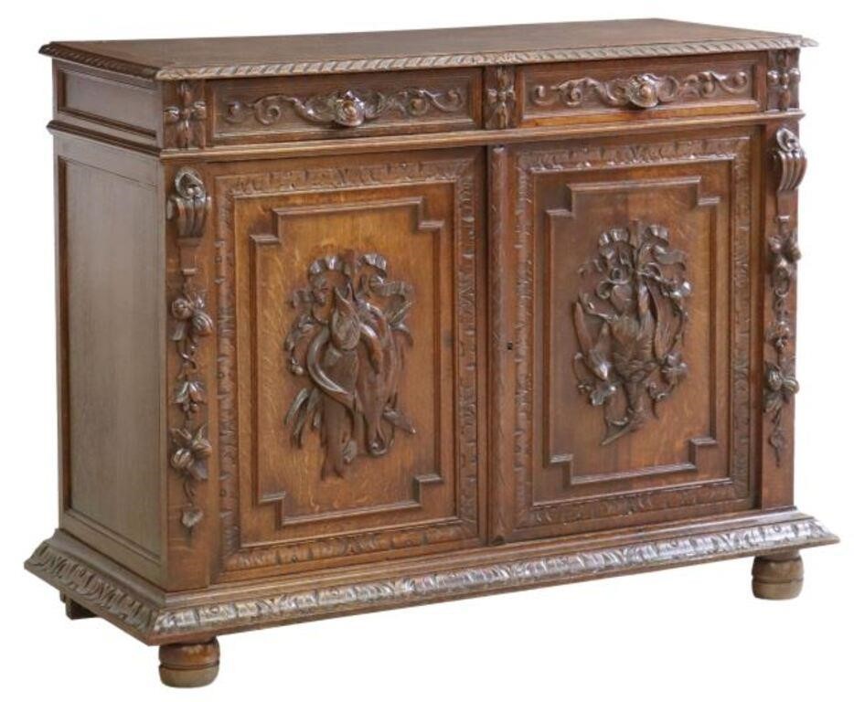 FRENCH CARVED OAK HUNT SIDEBOARD,