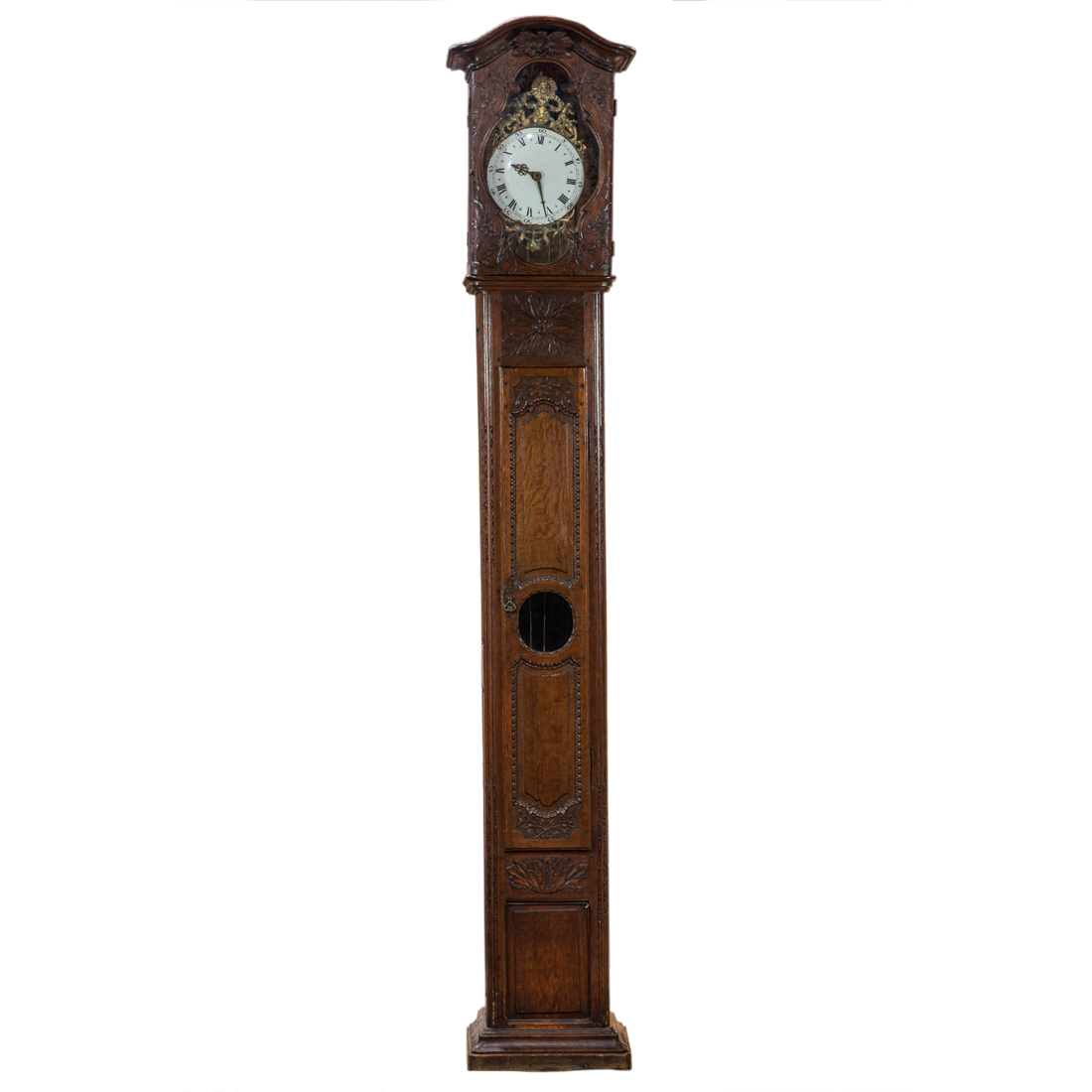 FRENCH CARVED OAK LONGCASE CLOCK
