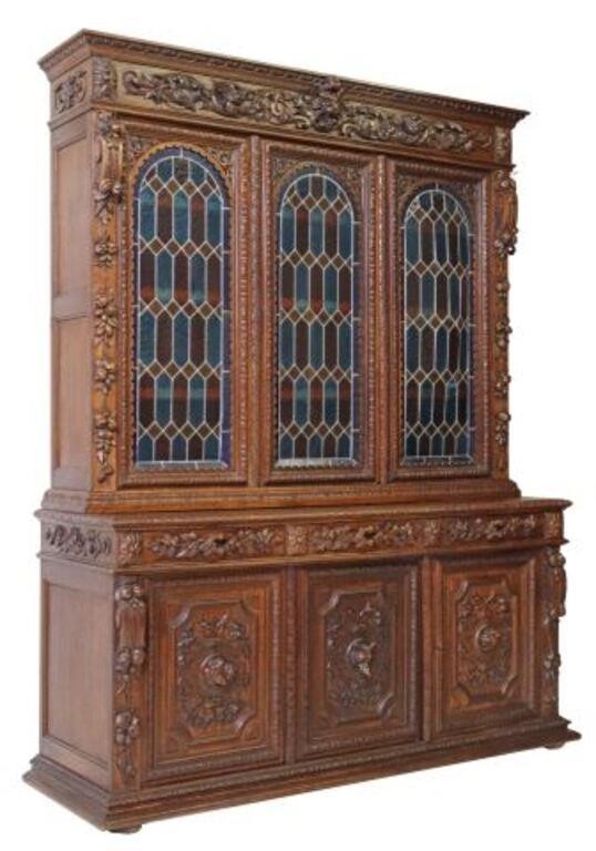 FRENCH CARVED OAK & STAINED GLASS