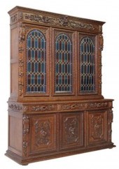 FRENCH CARVED OAK & STAINED GL