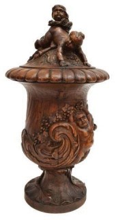FRENCH CARVED OAK URN W/ PUTTI