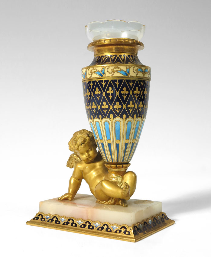 FRENCH ENAMEL GILT BRONZE CHERUB