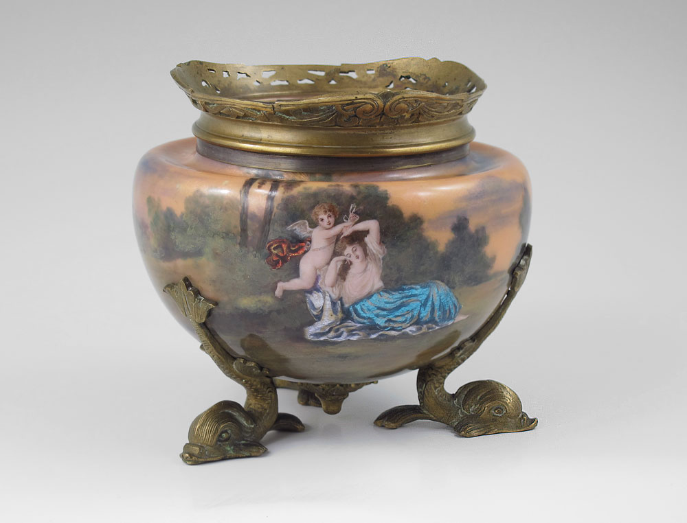 FRENCH ENAMEL JARDINIERE: Scenic