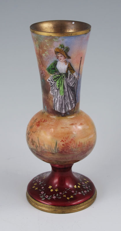 FRENCH ENAMEL VASE: Woman in