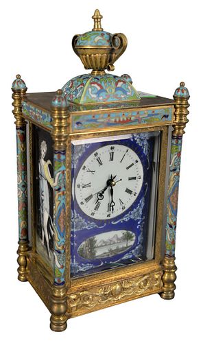 FRENCH ENAMELED BRASS MANTLE CLOCK,