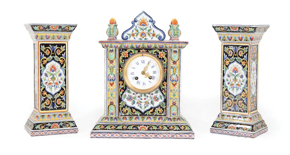 FRENCH FAIENCE THREE-PIECE CLOCK