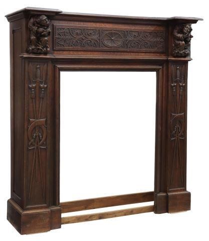FRENCH GOTHIC REVIVAL OAK FIREPLACE