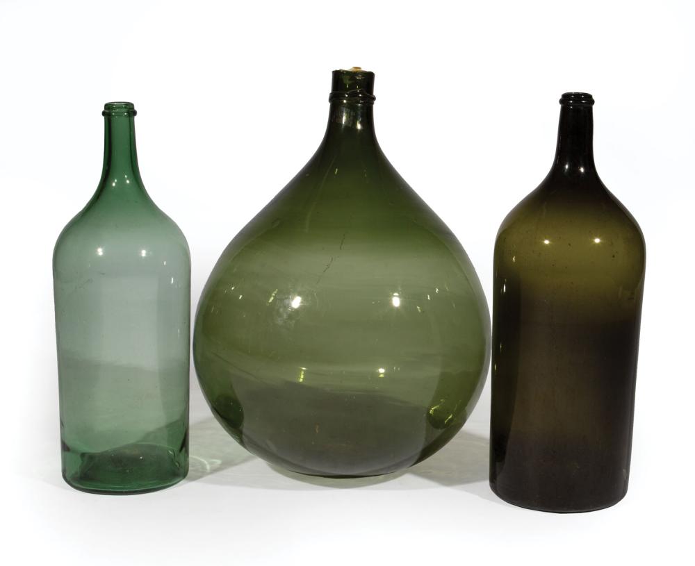FRENCH GREEN GLASS DEMIJOHN AND TWO