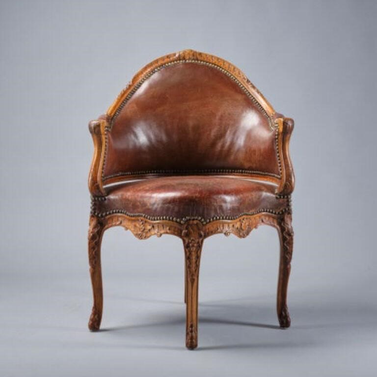 FRENCH LOUIS XV LEATHER FAUTEUILA