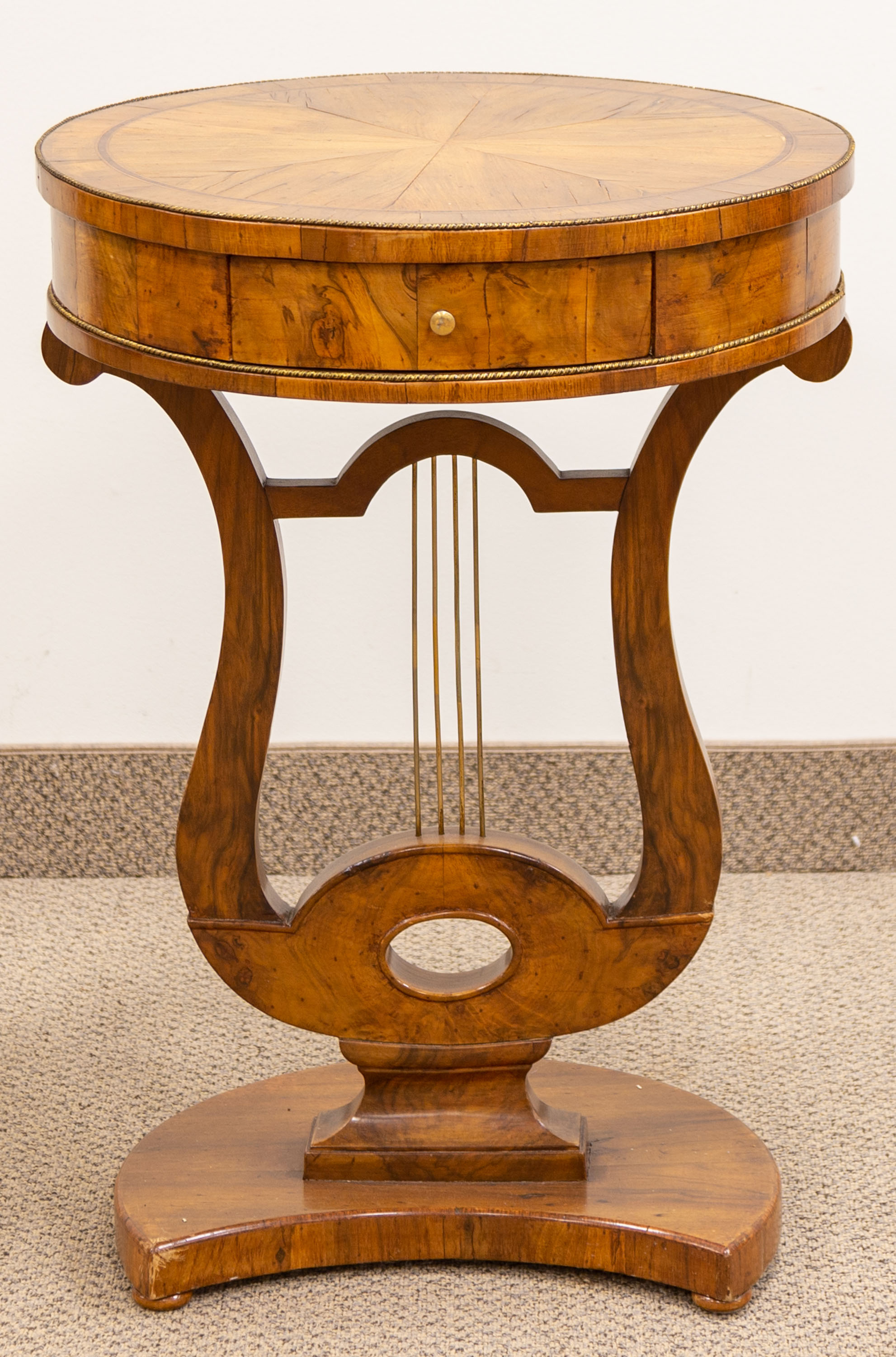 FRENCH LYRE 1 DRAWER STAND burl and