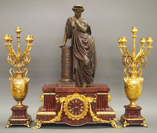 FRENCH MANTEL CLOCK AND CANDELABRAA