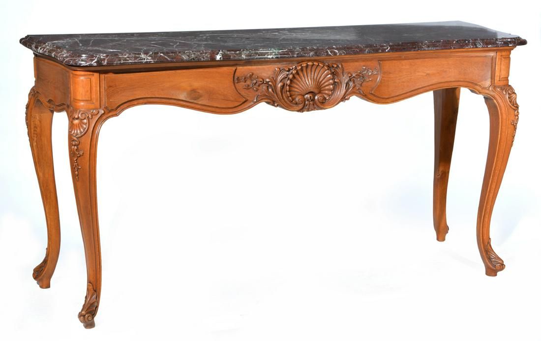 FRENCH MARBLE TOP OAK CONSOLE