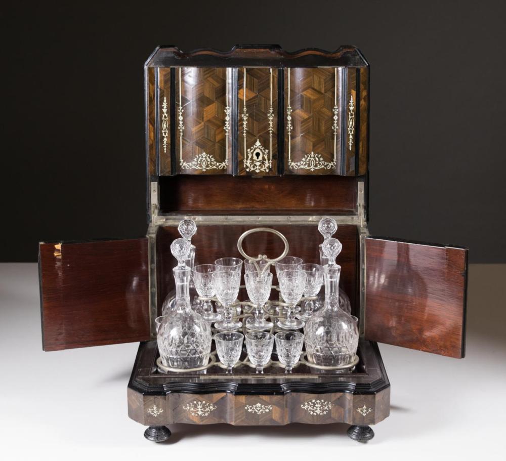 FRENCH ROSEWOOD LIQUEUR SET, WITH