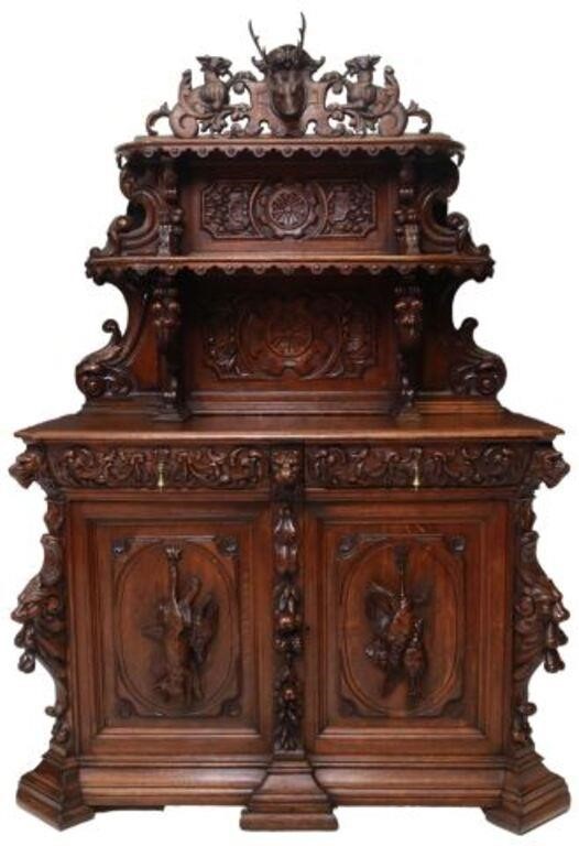 FRENCH SAINT HUBERT CARVED OAK HUNT