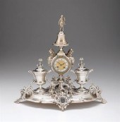 French silver inkstand & clock