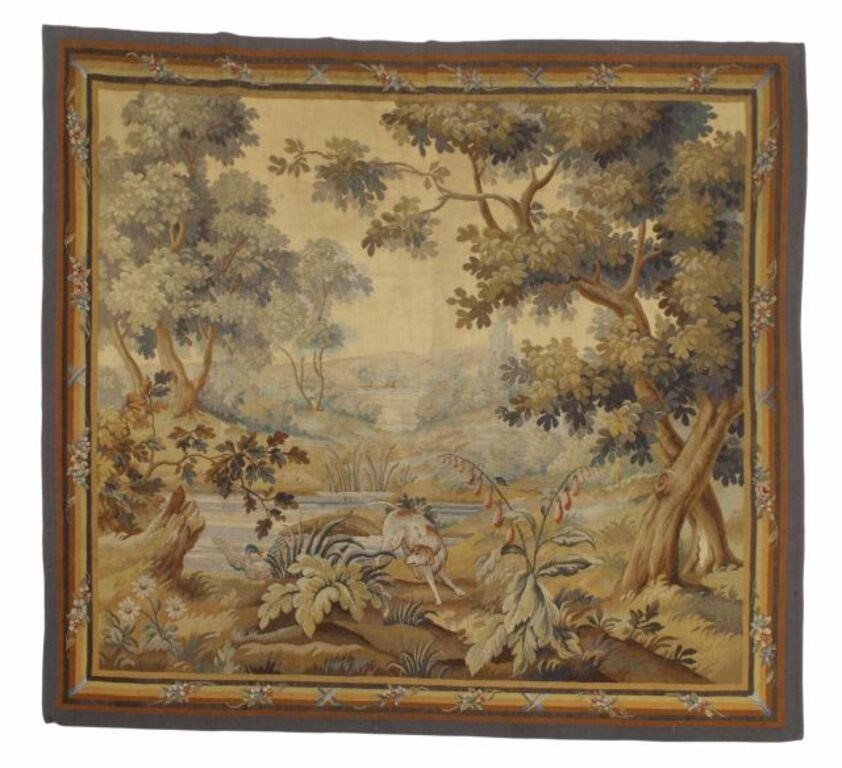 FRENCH TAPESTRY HUNTING DOG & DUCK,