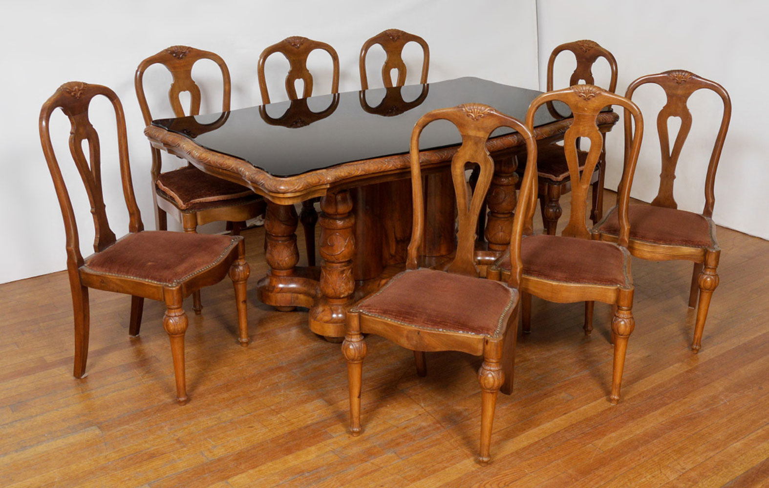 FRENCH WALNUT DINING TABLE & 8