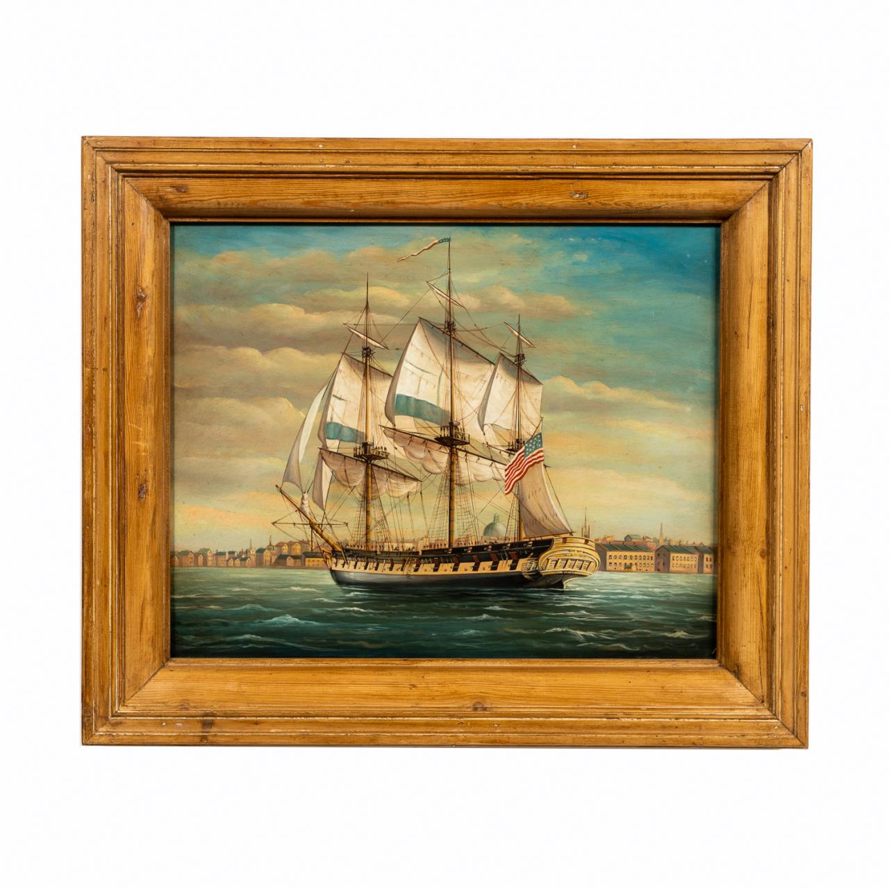 FRIGATE BOSTON SAILING INTO HARBOR,