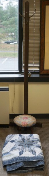 FRUITWOOD COAT RACK, FOOTSTOOL
