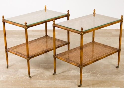 FRUITWOOD TWO-TIER CANED END TABLES