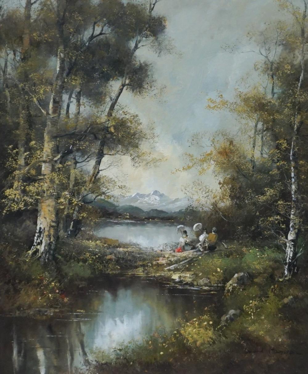 G(?) HEYDEN, PICNIC ON LAKE, OIL ON