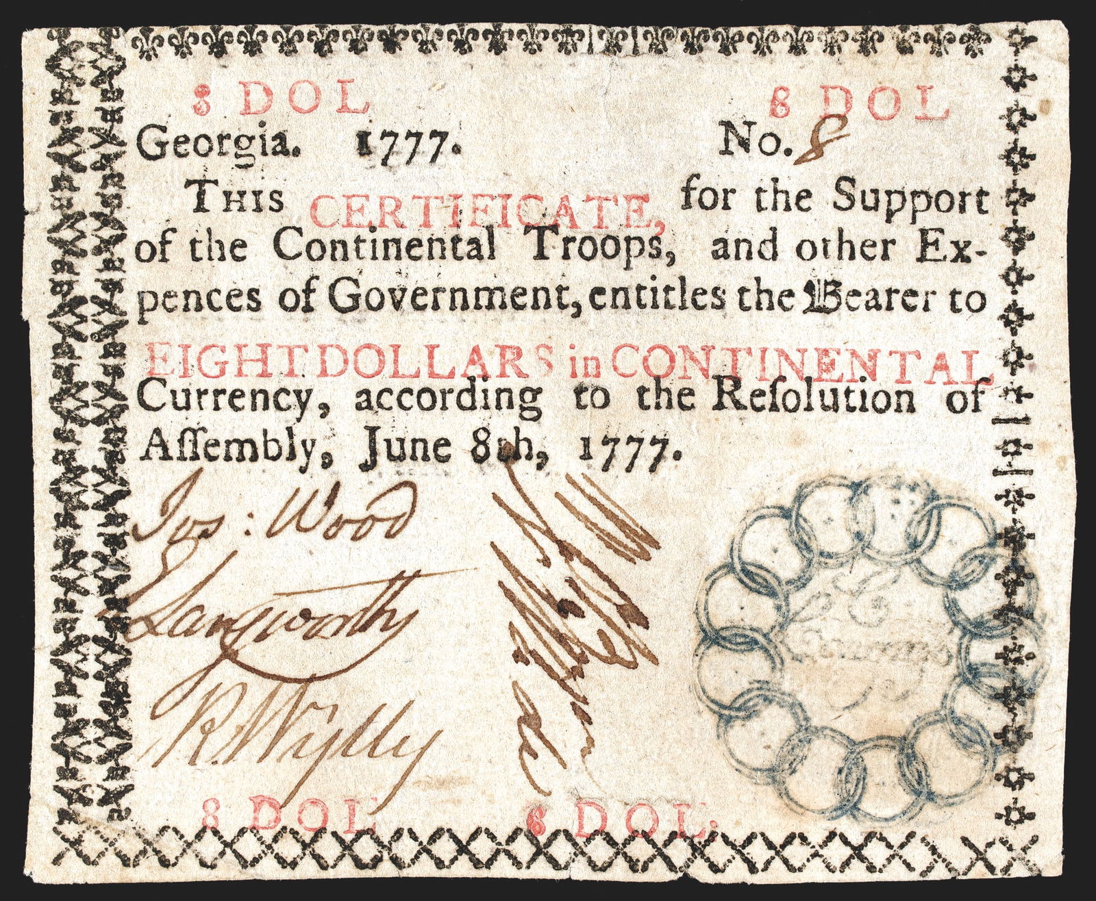 GA. JUNE 8, 1777 $8 CONGRESS