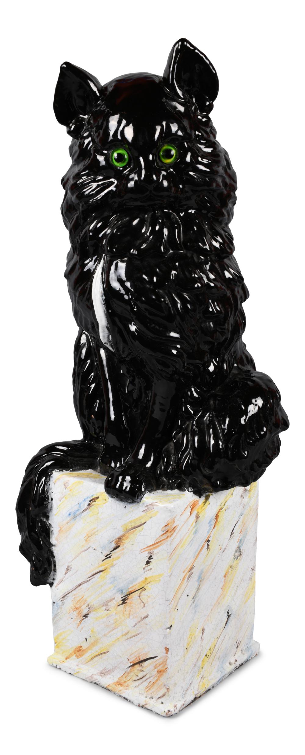GALLE FAIENCE SEATED BLACK CAT ON