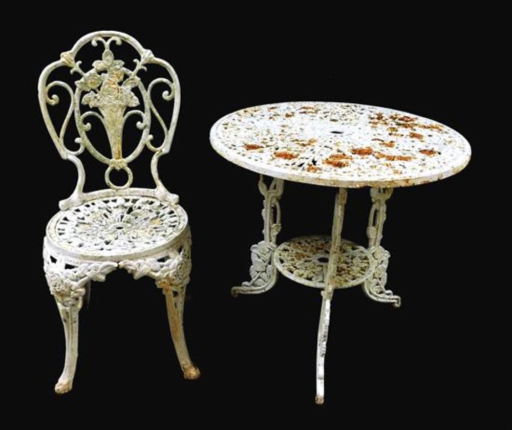 GARDEN: CAST IRON TABLE AND SIDE