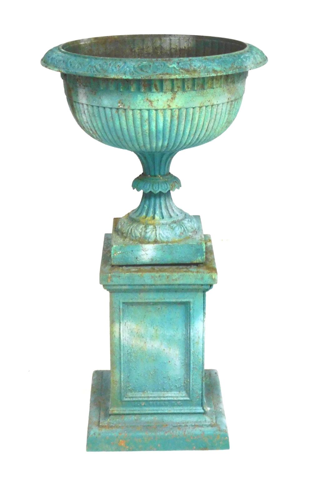 GARDEN: CAST IRON URN ON PEDESTAL