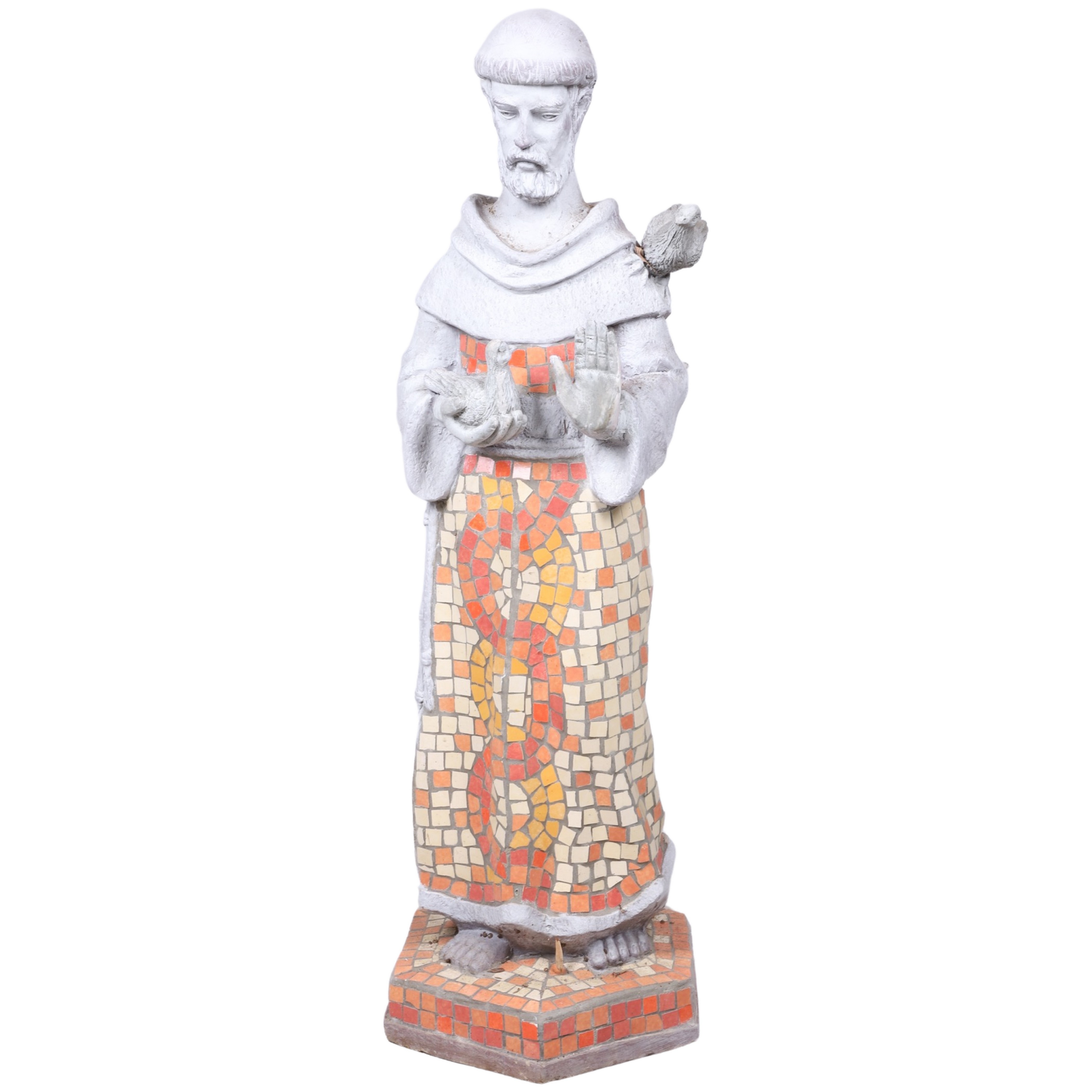 Garden statue of St Francis, mosaic
