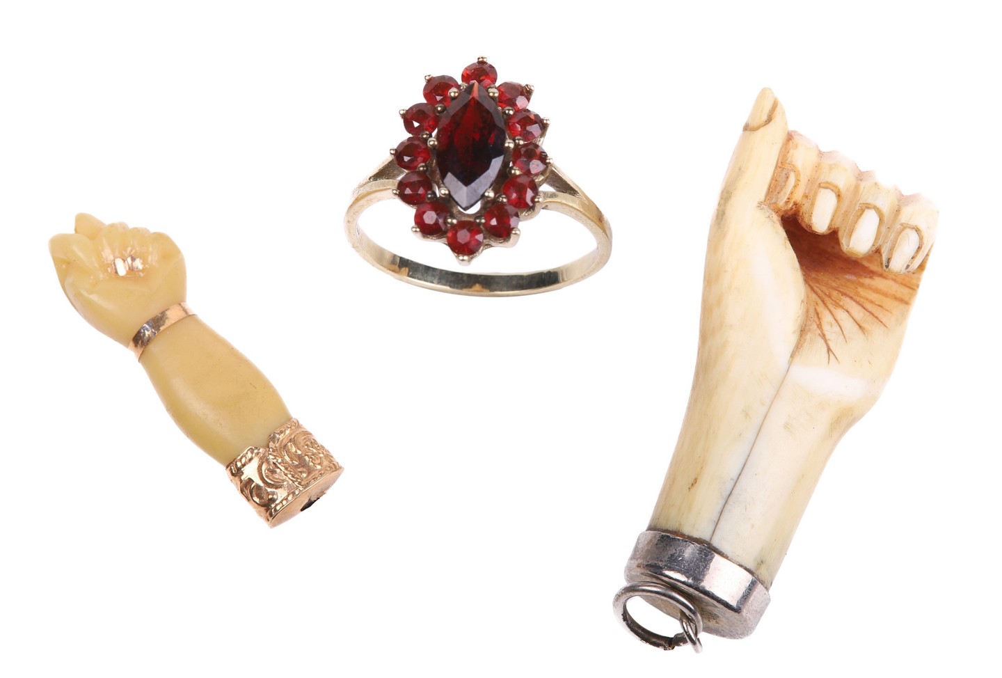 Garnet ring and (2) figa pendants