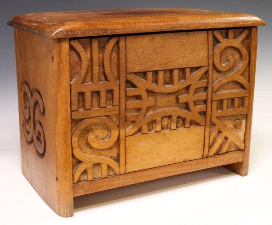 GEOMETRIC CARVED WOOD COFFER/