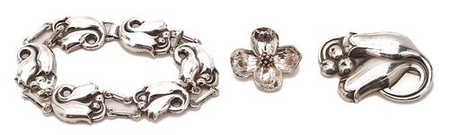 GEORG JENSEN SILVER BRACELET, PIN &