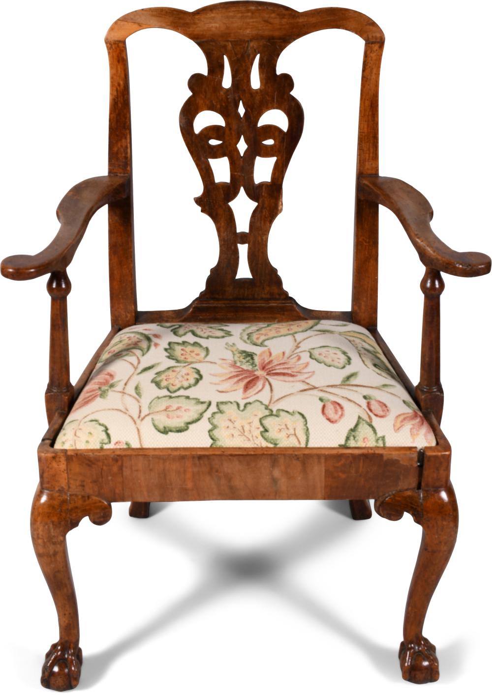 GEORGE II WALNUT OPEN ARMCHAIR,